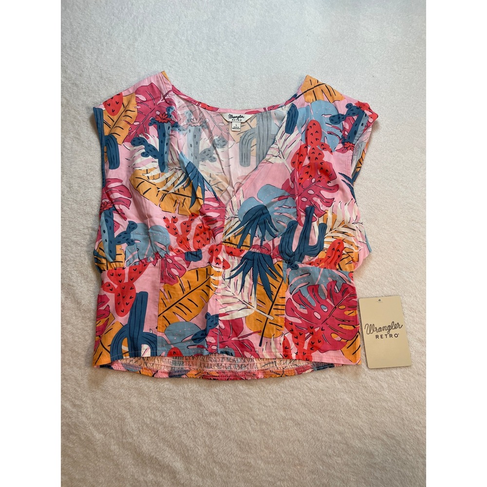 Wrangler Retro Womens Pink Cactus Tropical Print Smocked V-Neck Top Large NWT